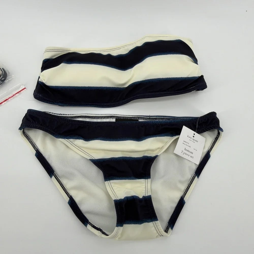 NWT Kate Spade Awning Stripe Bandeau Bikini Swimsuit Blazer Blue Size XSmall NEW
